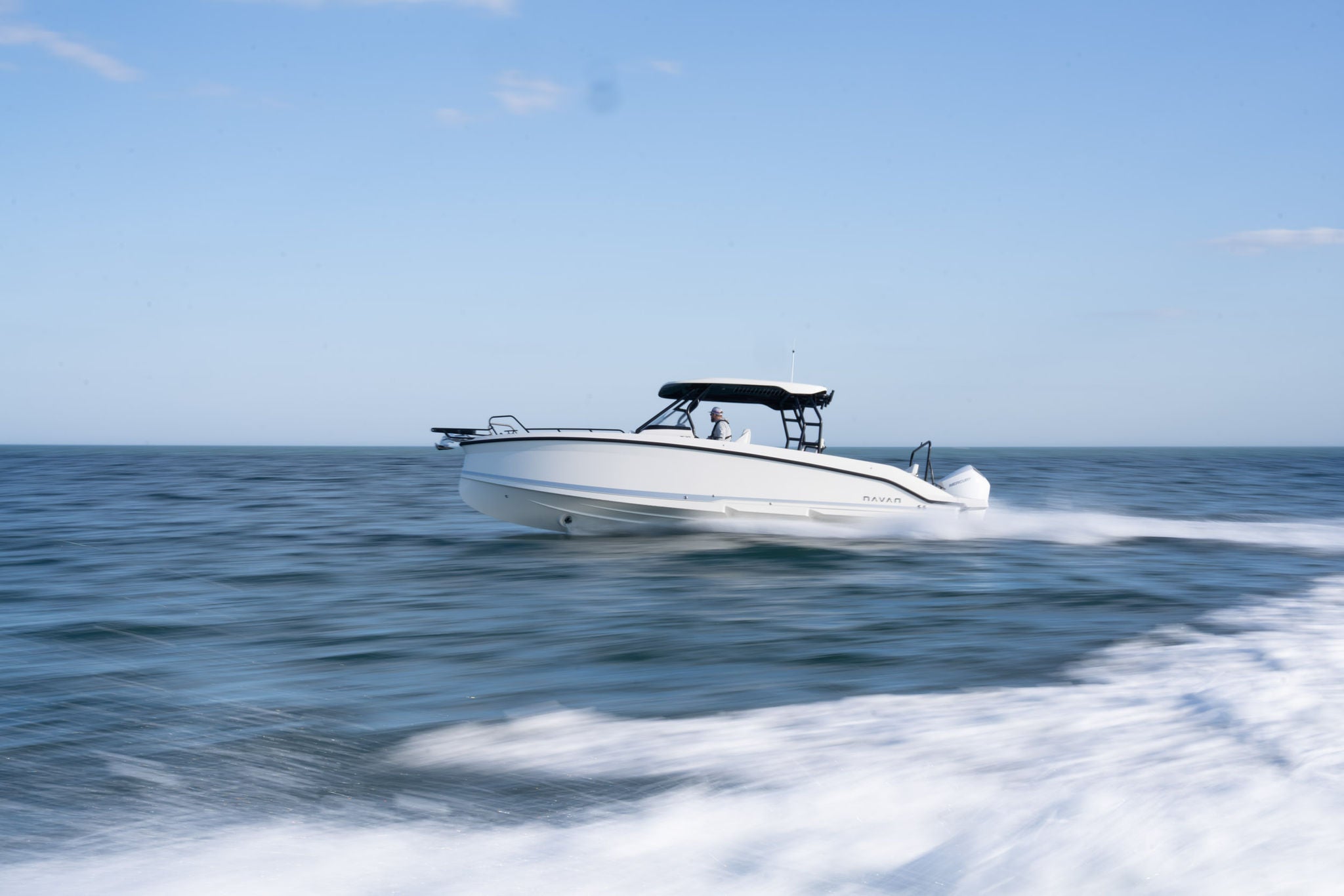 The NAVAN T30 on open water creating a large wake