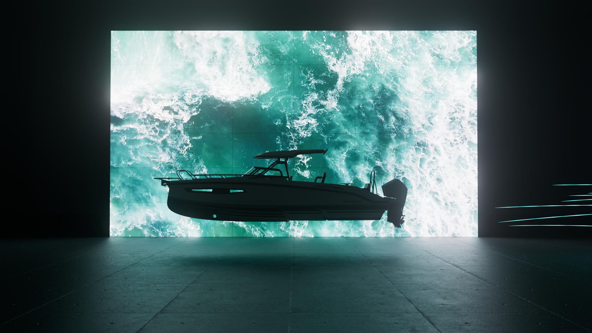 Dramatic lighting of Navan boat at a show